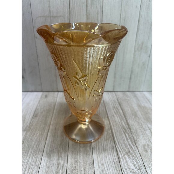 Vtg Jeannette Marigold Carnival Depression Herringbone Vase Iris Peach 9'' Tall - Picture 4 of 11
